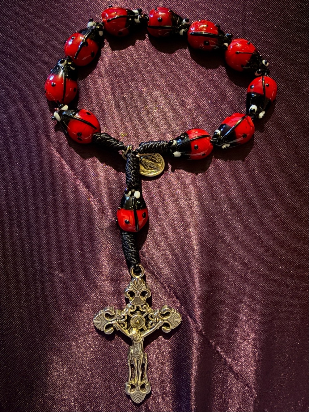 Red Ladybug Bead Rosary Bracelet or Door Knob Hanger with Silver Color Cross
